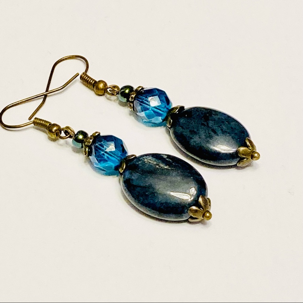 Dark Green-Blue Almost Black Jasper & Prussian Blue Crystal Earrings